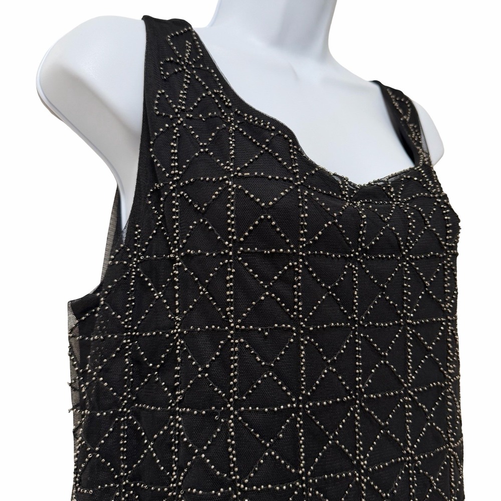 CHICOS Womens Embellished Geo Mesh Beaded Tank Size 2/L Black Going Out Top NEW - Picture 4 of 7